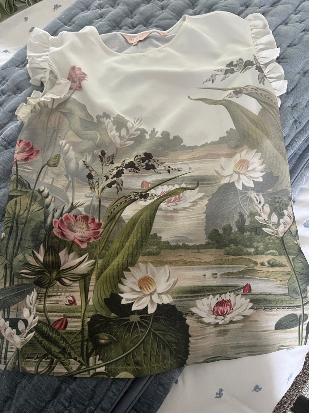 Ted Baker London White Scenic Waterlily Print Ruffle Sleeve Blouse